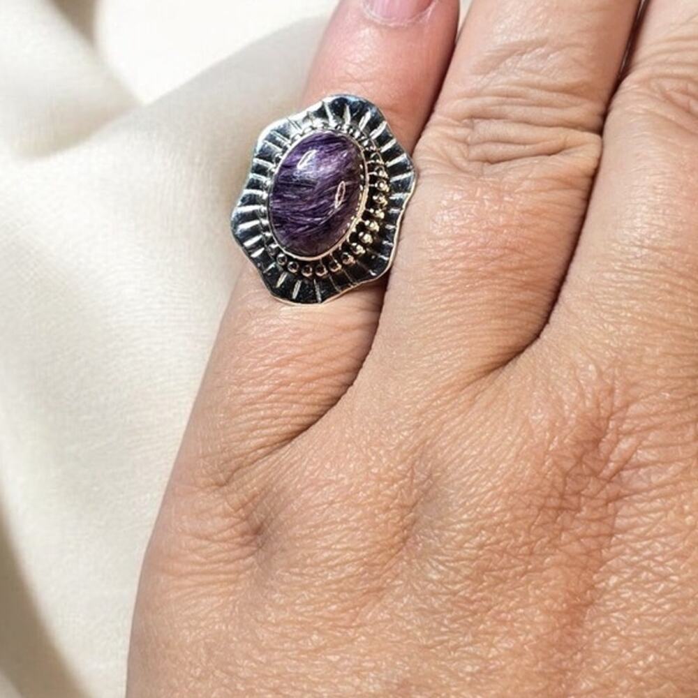 Charoite Purple Gemstone 925 Sterling Silver Ring Size 5 Sculptural Artisan Luxe